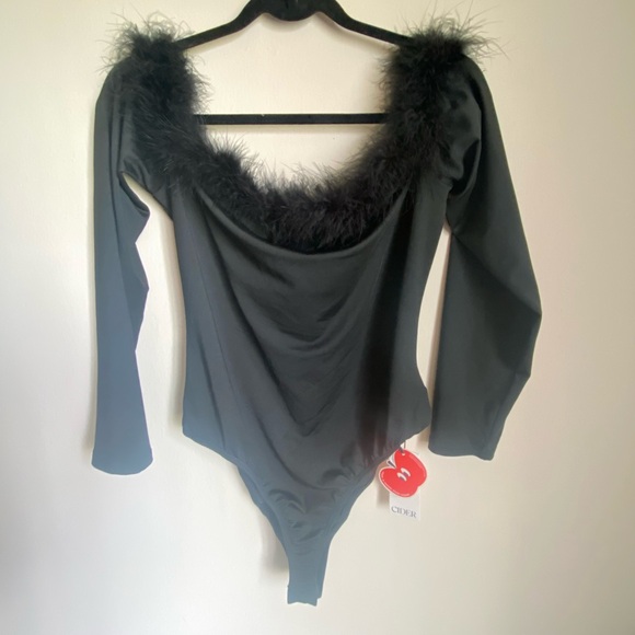Off the Shoulder Body Suit with Feather Trim - Picture 1 of 3
